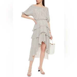 MAJE RENCO STRIPED SMOCKED DRESS WITH RUFFLES